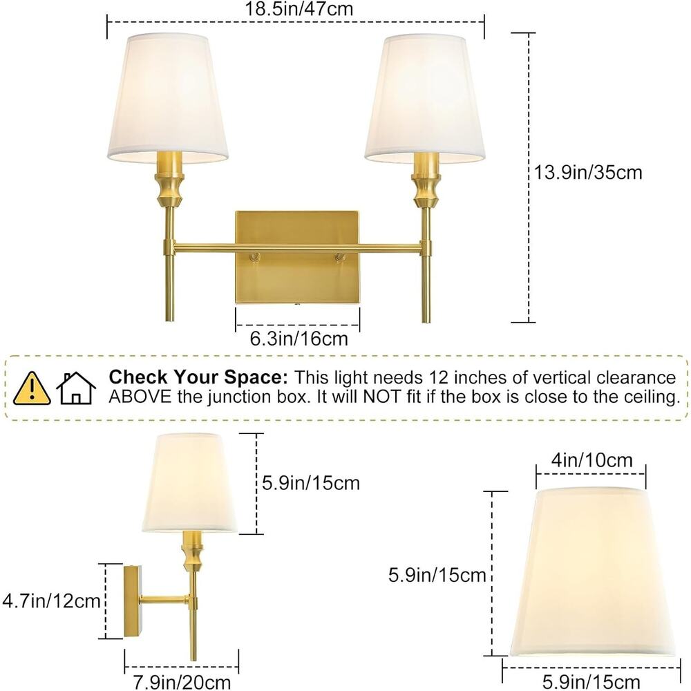 2-Light Brushed Brass Bathroom Vanity Light with White Fabric Shades - Picture 3 of 5